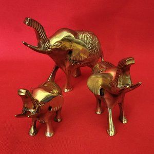 Vintage Brass Gold Tone Elephant Family Trunk Up Set of 3